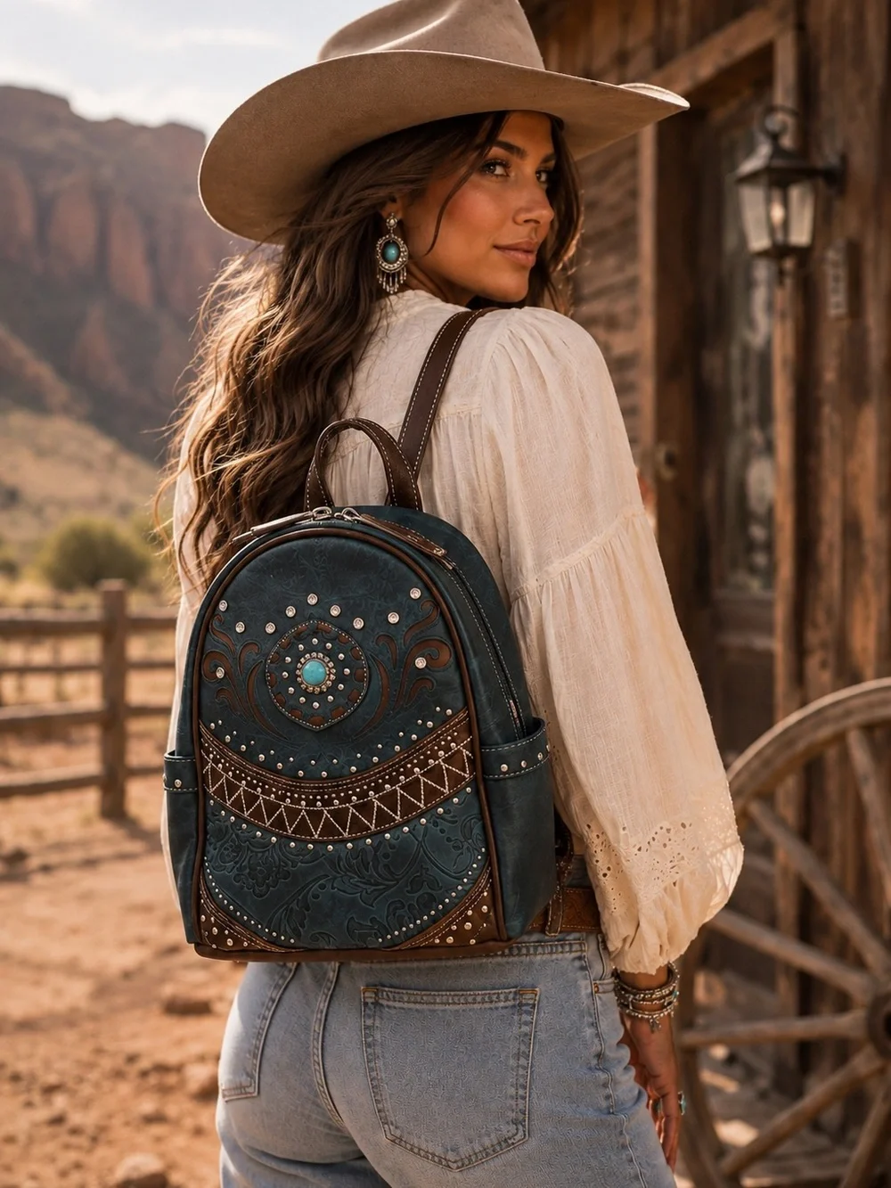 Western Embroidered Teal Backpack with Brown Trim Concealed Carry Bag Embossed